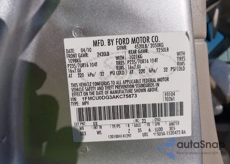 2010 Ford Escape Xlt из США, поврежденный, VIN 1FMCU0DG3AKC75873